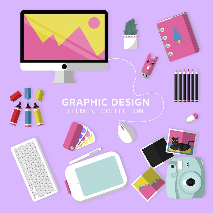 Vettore gratuito collezione di elementi di design grafico con vista dall'alto