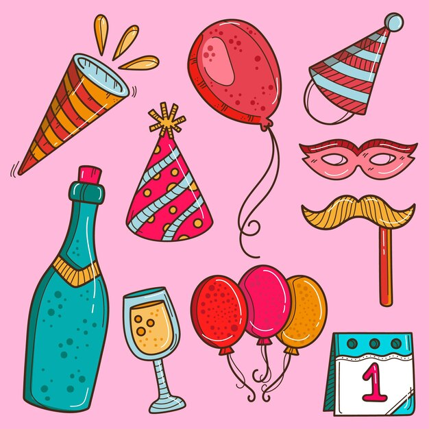 Collezione di elementi di festa di capodanno disegnata a mano