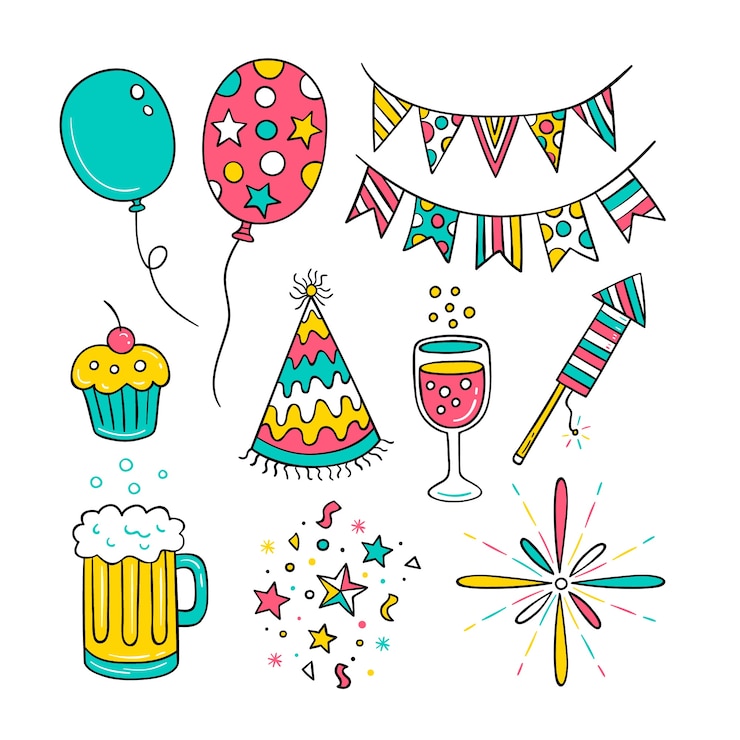 Vettore gratuito collezione di elementi festa di capodanno disegnati a mano