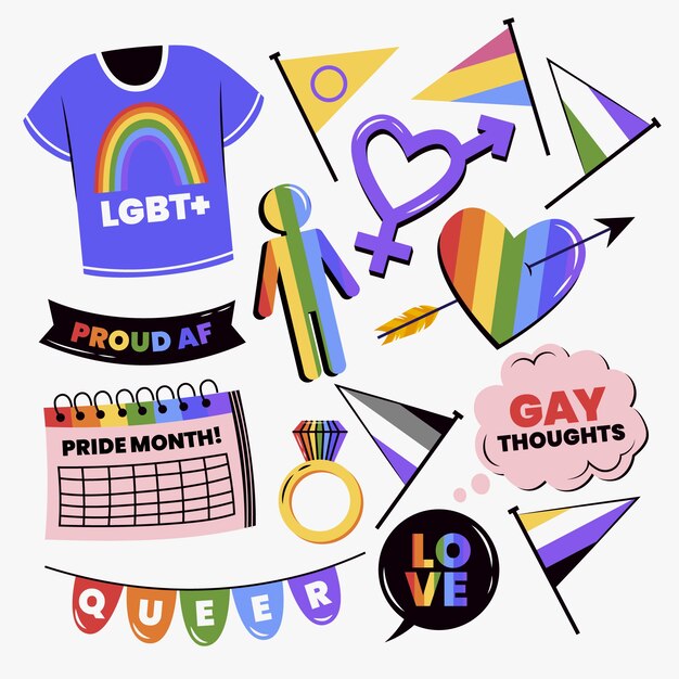 Collezione di elementi lgbt del mese dell'orgoglio piatto