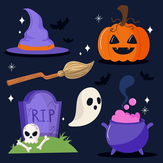 Collezione di elementi piatti di halloween disegnati a mano