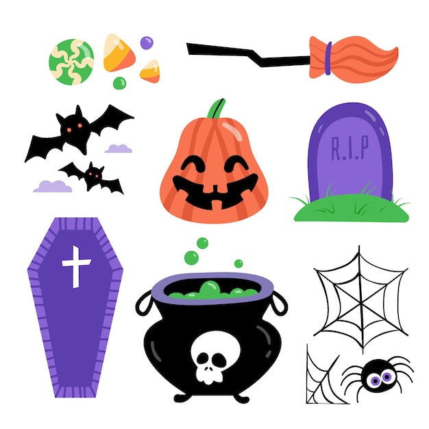 Collezione di elementi piatti di halloween disegnati a mano