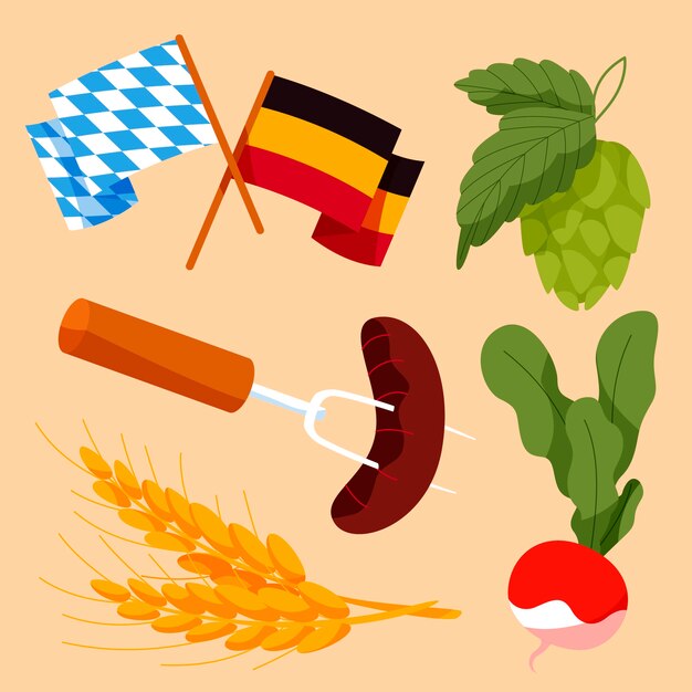 Collezione di elementi piatti disegnati a mano dell'Oktoberfest