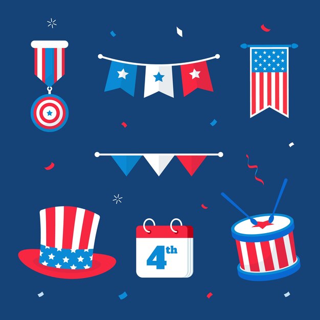 Collezione di elementi piatti per la celebrazione del 4 luglio americano