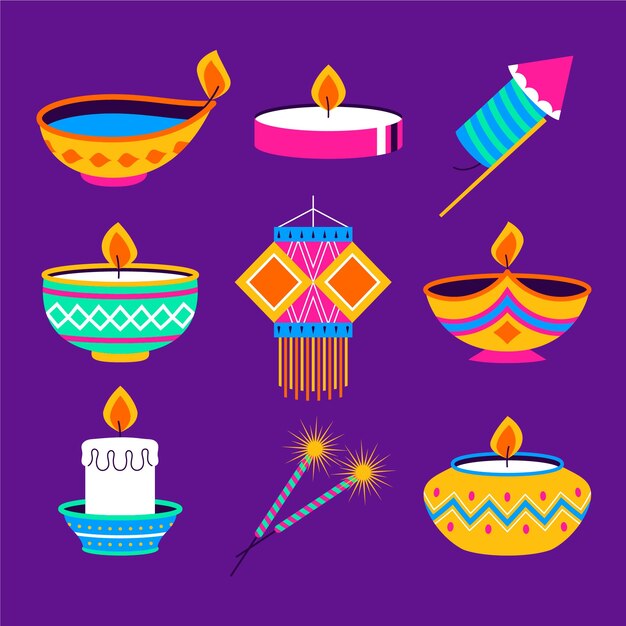 Collezione di elementi piatti per la celebrazione del festival indù di diwali