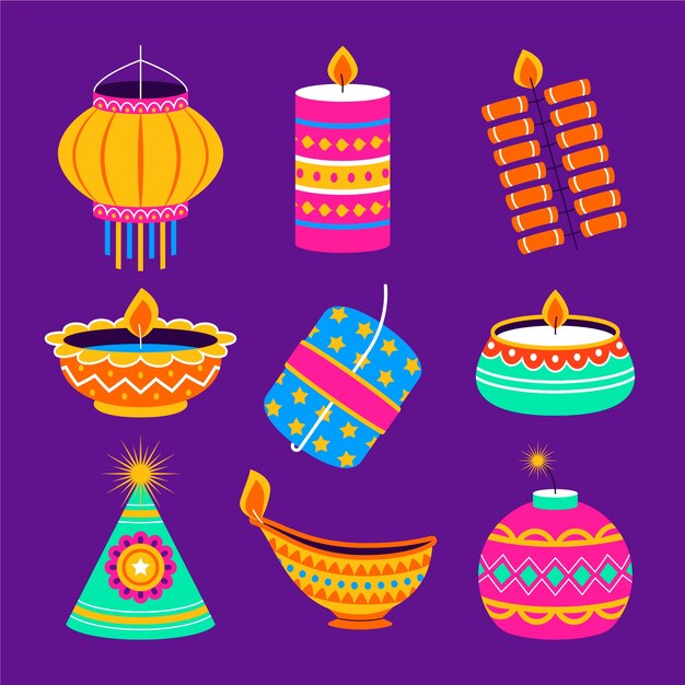 Collezione di elementi piatti per la celebrazione del festival indù di diwali