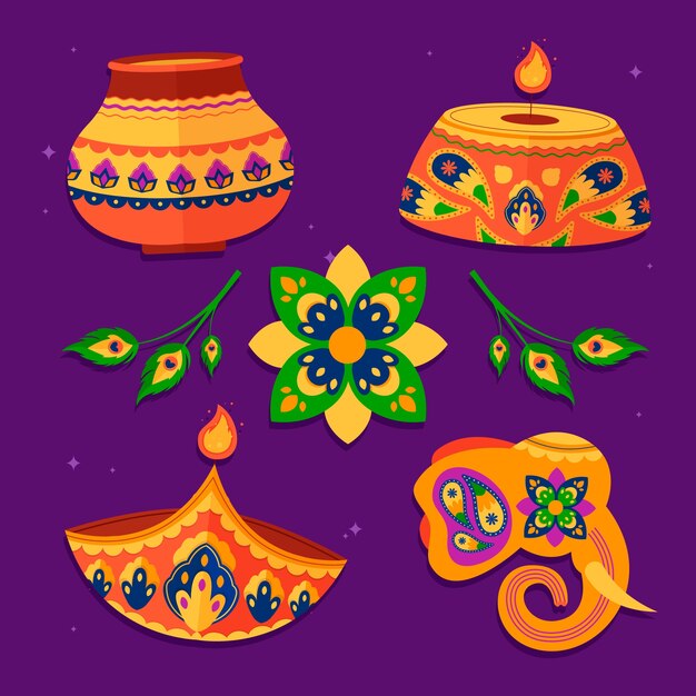 Collezione di elementi piatti per la celebrazione del festival indù diwali