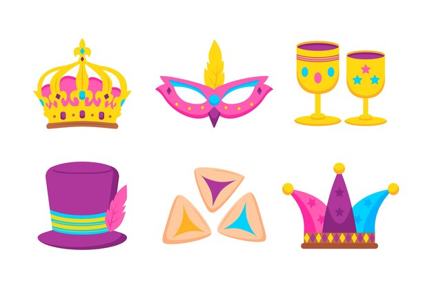Collezione di elementi piatti per la celebrazione delle vacanze purim