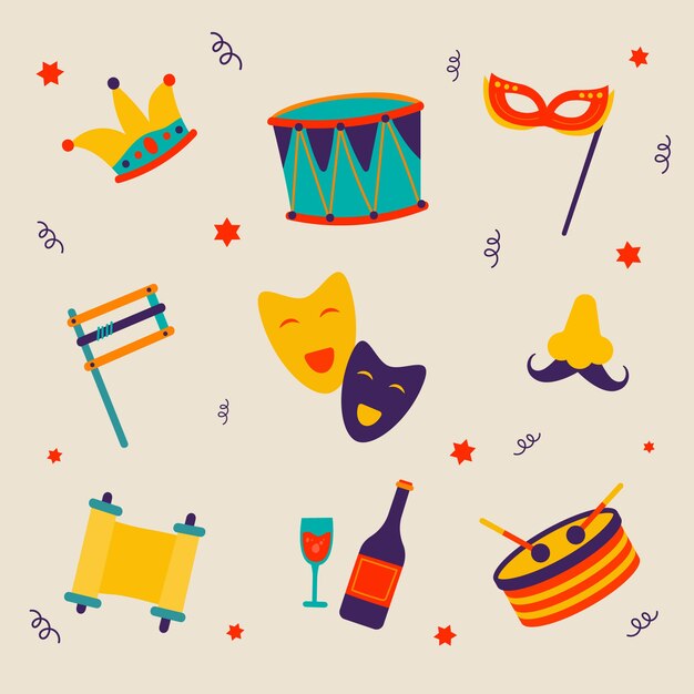 Collezione di elementi purim piatti