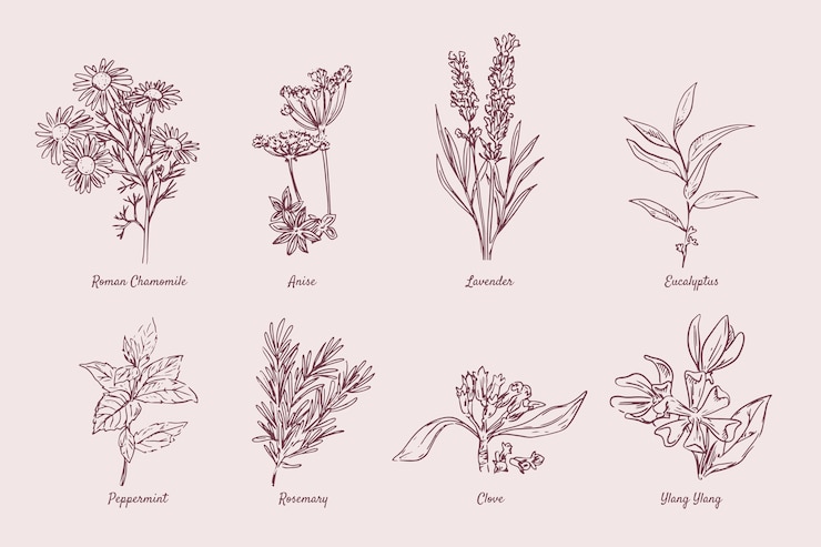 Vettore gratuito collezione di erbe di olio essenziale disegnata a mano realistica
