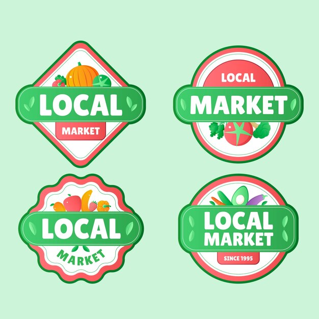 Collezione di etichette aziendali del mercato locale sfumato