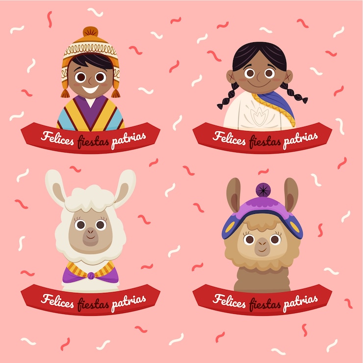 Vettore gratuito collezione di etichette cartoni animati fiestas patrias perù