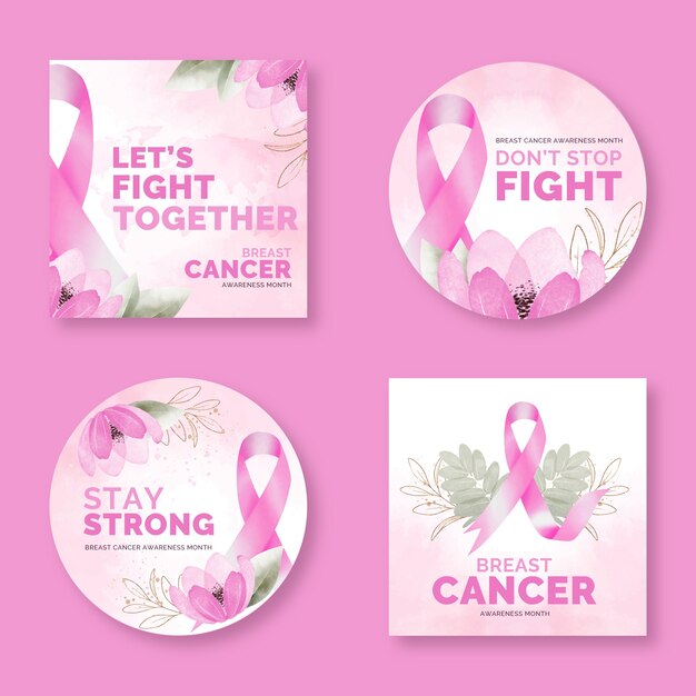 Collezione di etichette del mese di consapevolezza del cancro al seno dell'acquerello