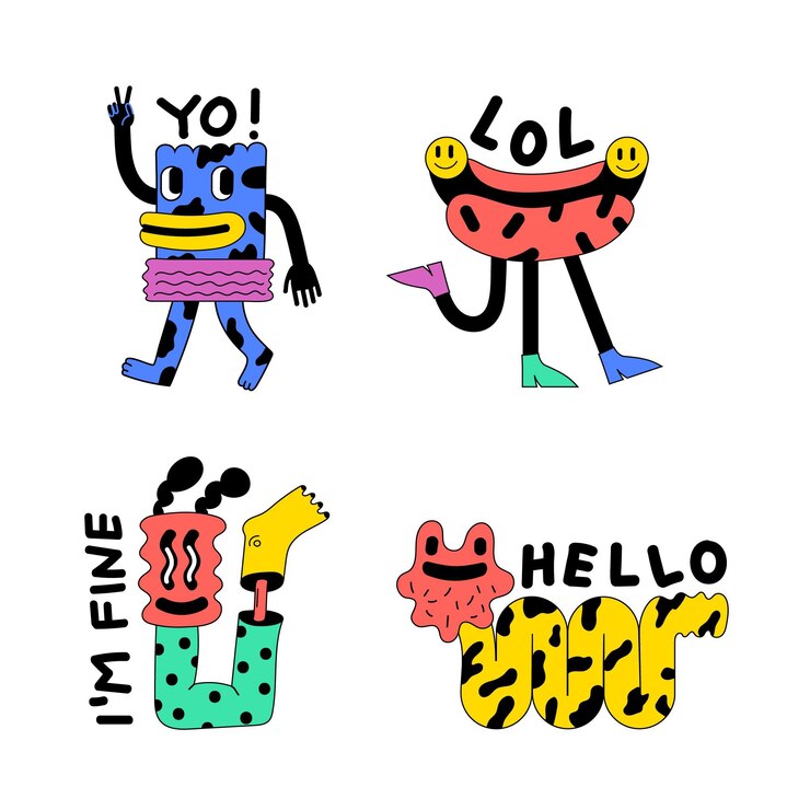 Vettore gratuito collezione di etichette di cartoni animati alla moda disegnate a mano