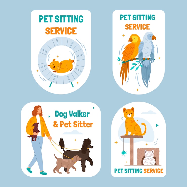 Vettore gratuito collezione di etichette di design piatto per servizio di pet sitting