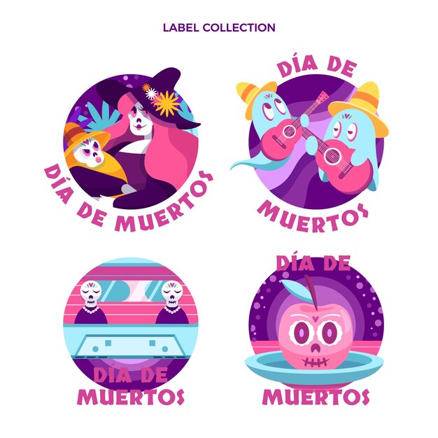 Collezione di etichette di dia de muertos disegnate a mano