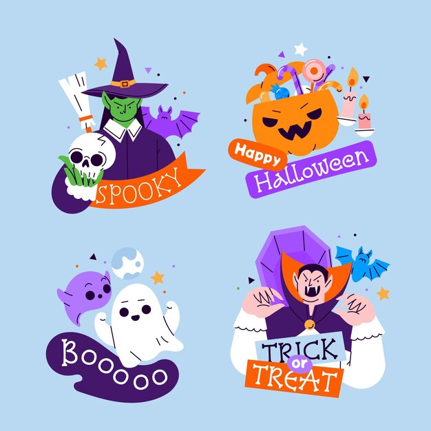 Collezione di etichette di halloween piatte disegnate a mano