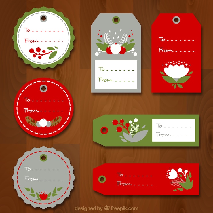 Vettore gratuito collezione di etichette di natale con decorazione floreale