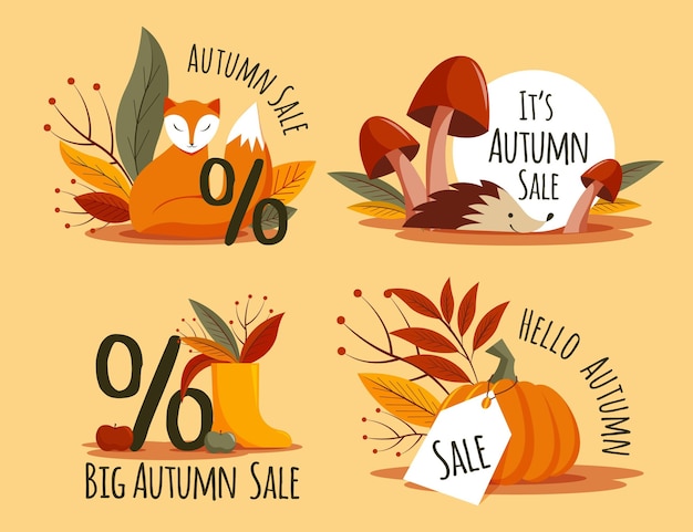 Collezione di etichette di vendita autunnale piatta disegnata a mano