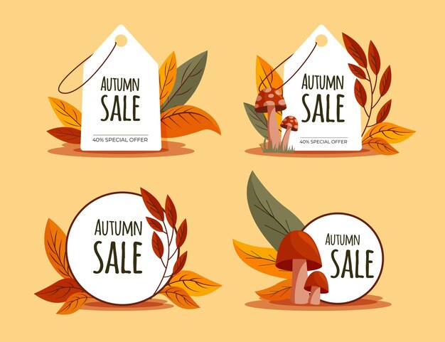 Collezione di etichette di vendita autunnale piatta disegnata a mano