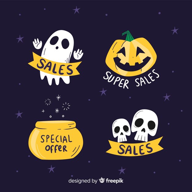 Collezione di etichette di vendita di halloween disegnata a mano