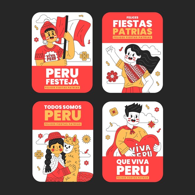 Collezione di etichette fiestas patrias perù disegnate a mano con persone e lama