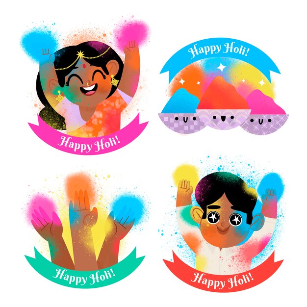 Collezione di etichette holi disegnate a mano