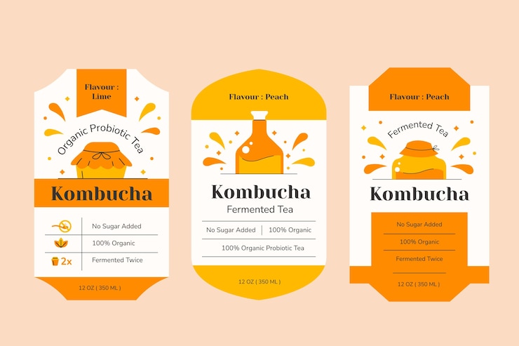 Vettore gratuito collezione di etichette kombucha disegnate a mano