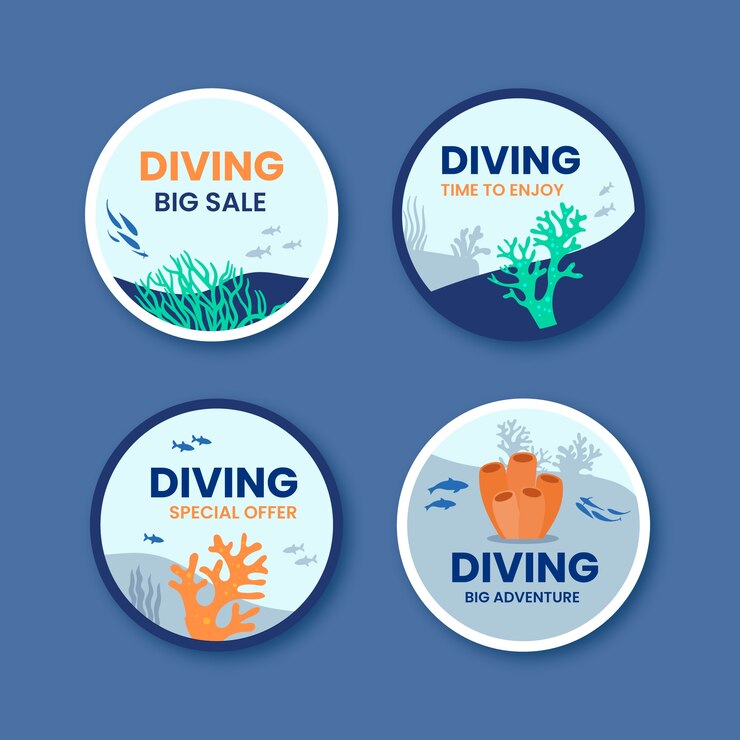 Vettore gratuito collezione di etichette per immersioni subacquee design piatto