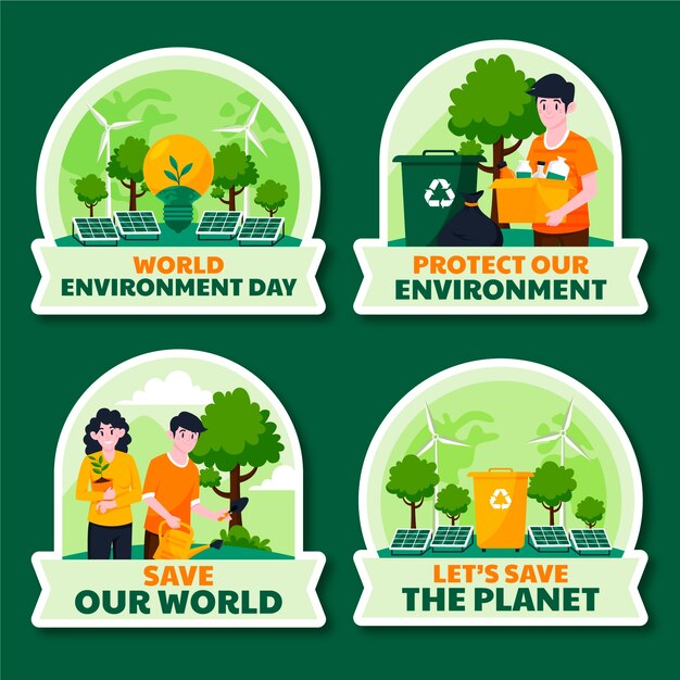 Collezione di etichette per la celebrazione della giornata mondiale dell'ambiente