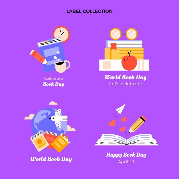Collezione di etichette per la giornata mondiale del libro piatto
