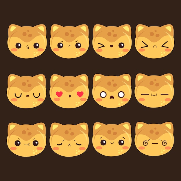 Collezione di facce kawaii dal design piatto disegnato a mano