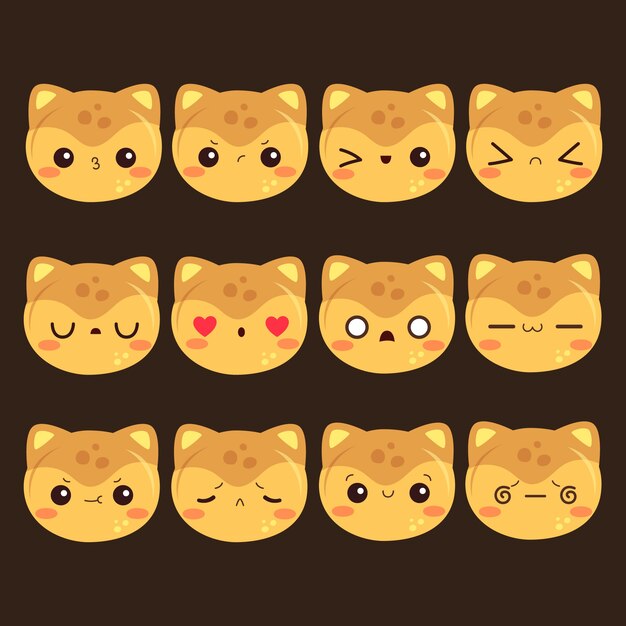Collezione di facce kawaii dal design piatto disegnato a mano