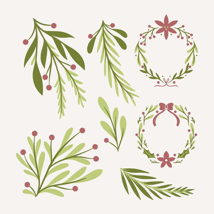 Vettore gratuito collezione di fiori e ghirlande di natale disegnati a mano