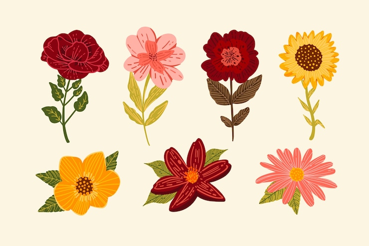 Vettore gratuito collezione di fiori primaverili disegnati a mano