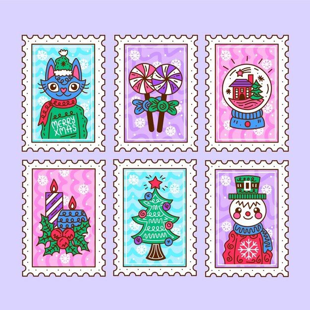 Collezione di francobolli natalizi in design piatto
