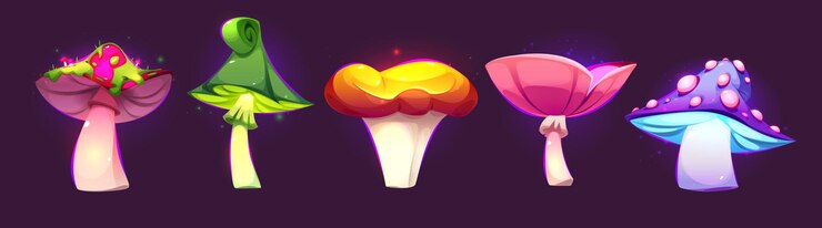Vettore gratuito collezione di funghi magici a neon luminosi di fantasia