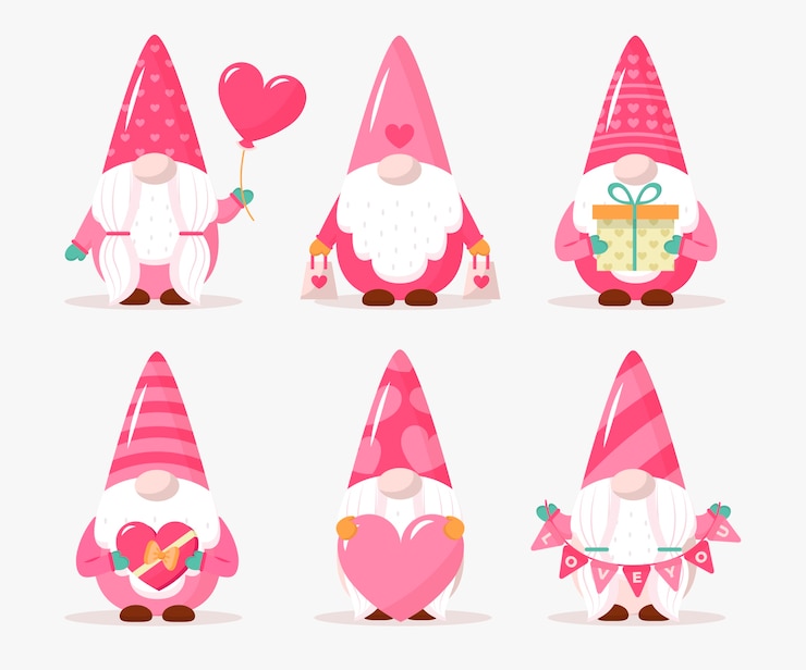 Vettore gratuito collezione di gnomi di san valentino piatto