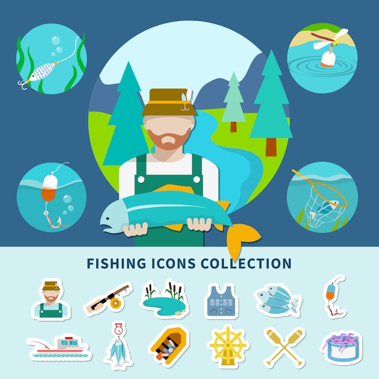 Vettore gratuito collezione di icone di pesca sullo sfondo
