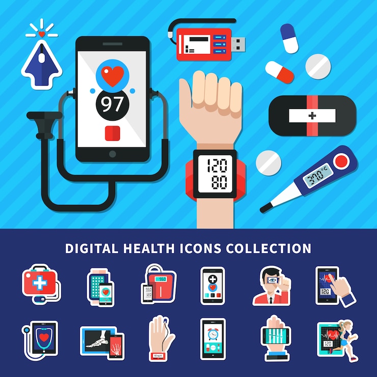 Vettore gratuito collezione di icone di sanità digitale