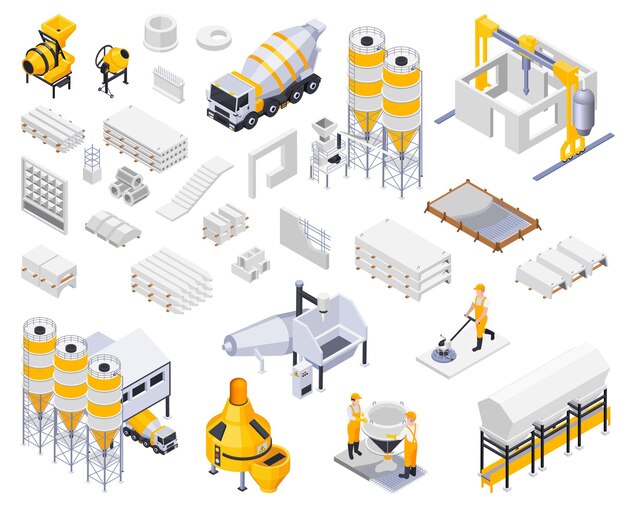 Collezione di icone isometriche per la produzione di cemento in cemento con immagini isolate di caratteri di strutture industriali di merci di illustrazione vettoriale di lavoratori