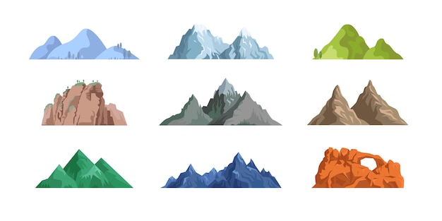 Collezione di icone piatte di montagne e rocce