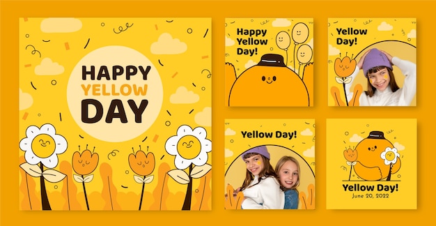 Collezione di instagram di giorno giallo disegnato a mano