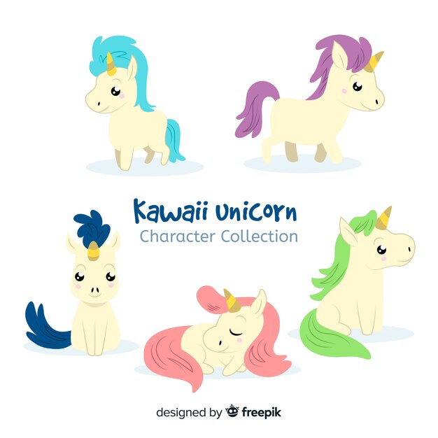 Collezione di kawaii unicorno disegnata a mano