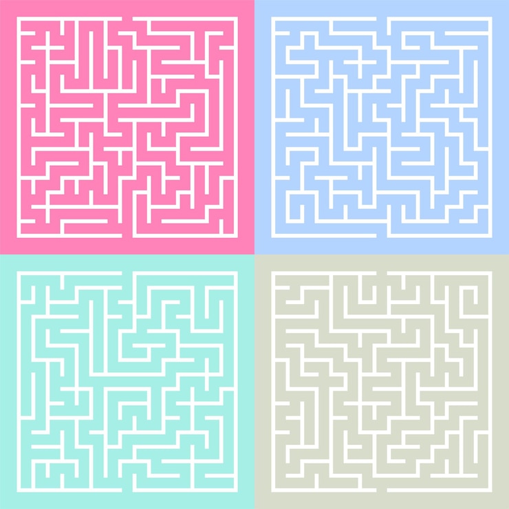 Vettore gratuito collezione di labirinto modello puzzle sfondo astratto per bambini divertimento