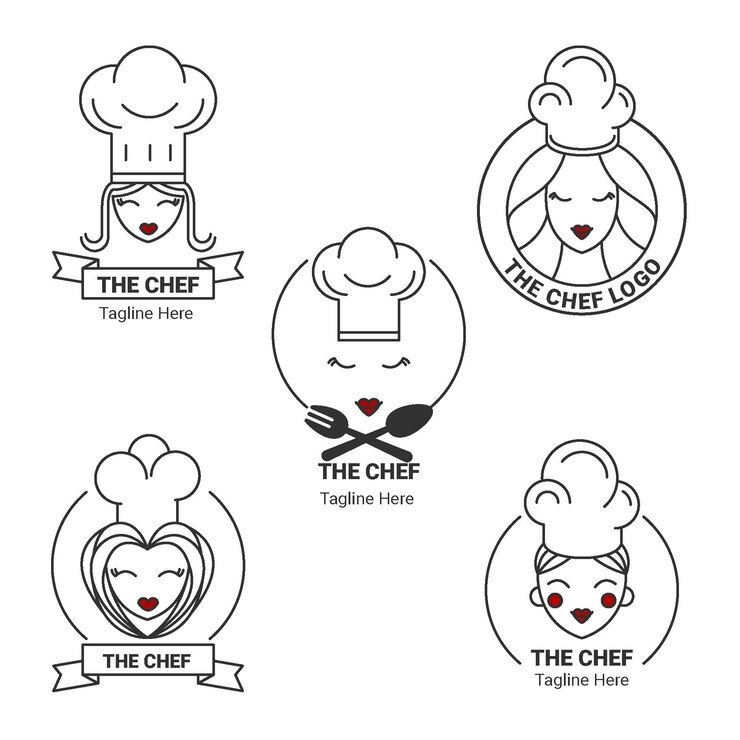 Vettore gratuito collezione di logo chef femminile piatto lineare