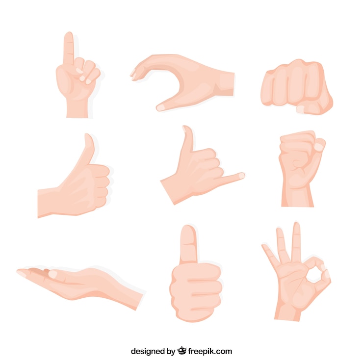 Vettore gratuito collezione di mani con diverse pose in stile disegnato a mano