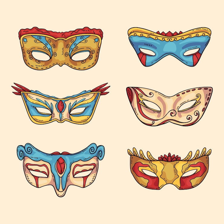 Vettore gratuito collezione di maschere di carnevale di venezia disegnate a mano