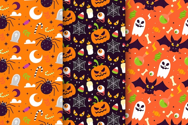 Collezione di modelli di halloween piatti disegnati a mano