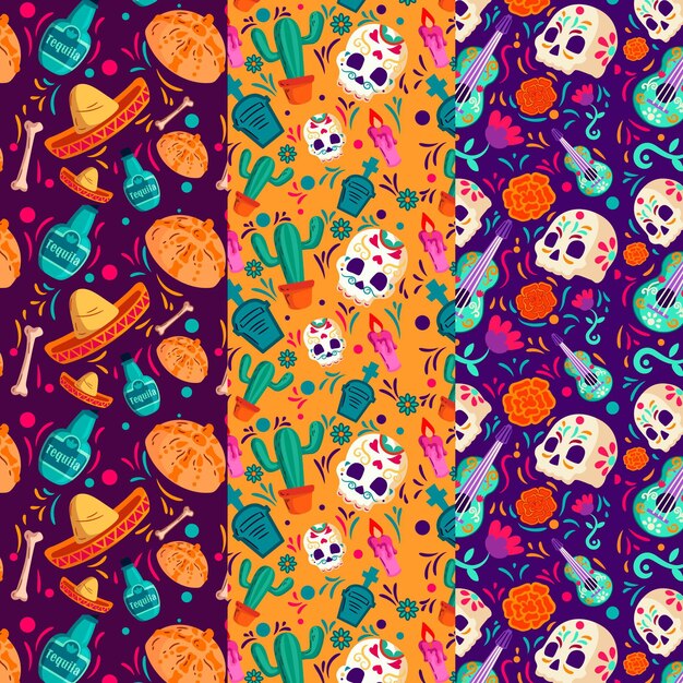 Collezione di modelli dia de muertos piatti disegnati a mano